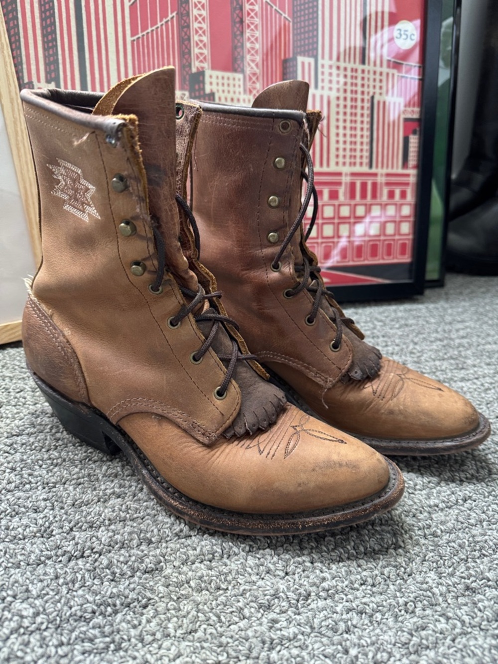 Women's Brown Lace-Up Leather Cowboy Boots with Fringe Detailing